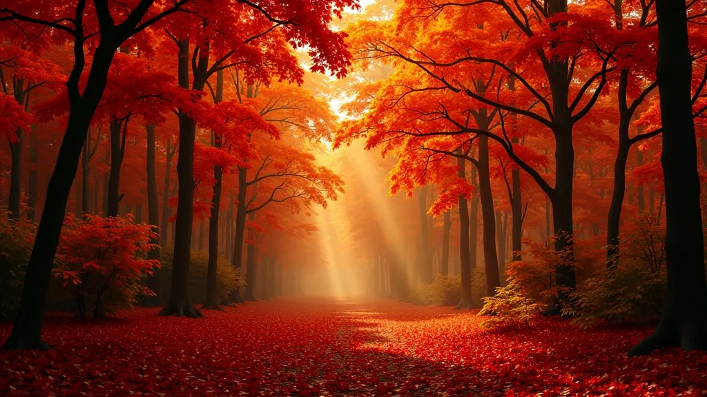 Rudens spalvos miške — raudoni ir oranžiniai lapai, šilta šviesa, gamtos spalvų palete