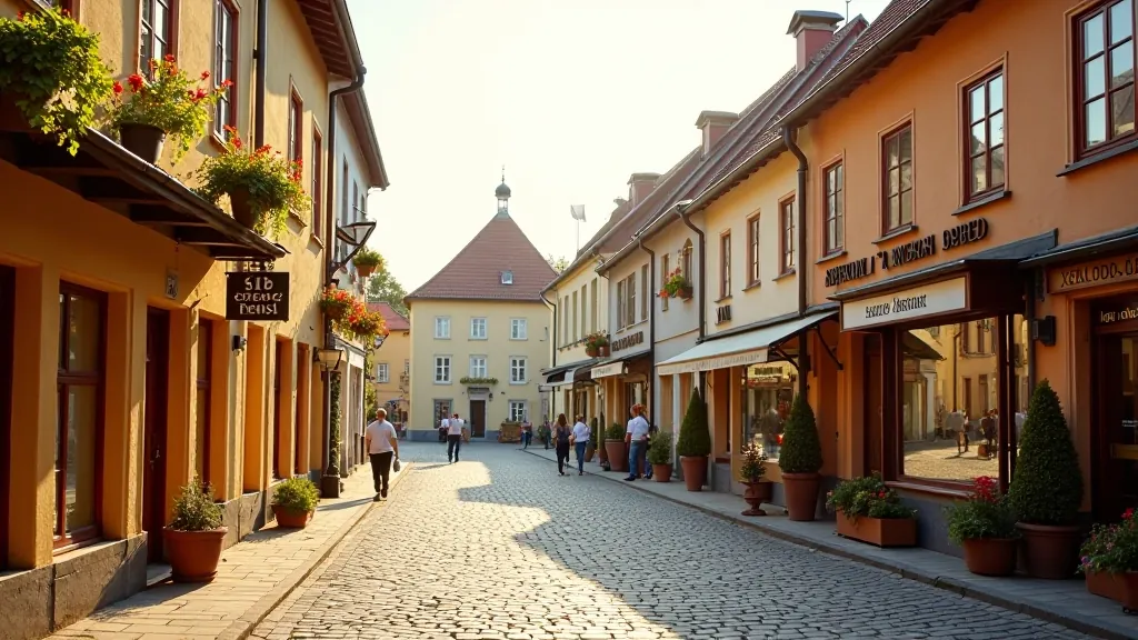 Juodkrantės centras su tradicinėmis gintaro parduotuvėmis, aikštė su paminklais, vasaros šviesa