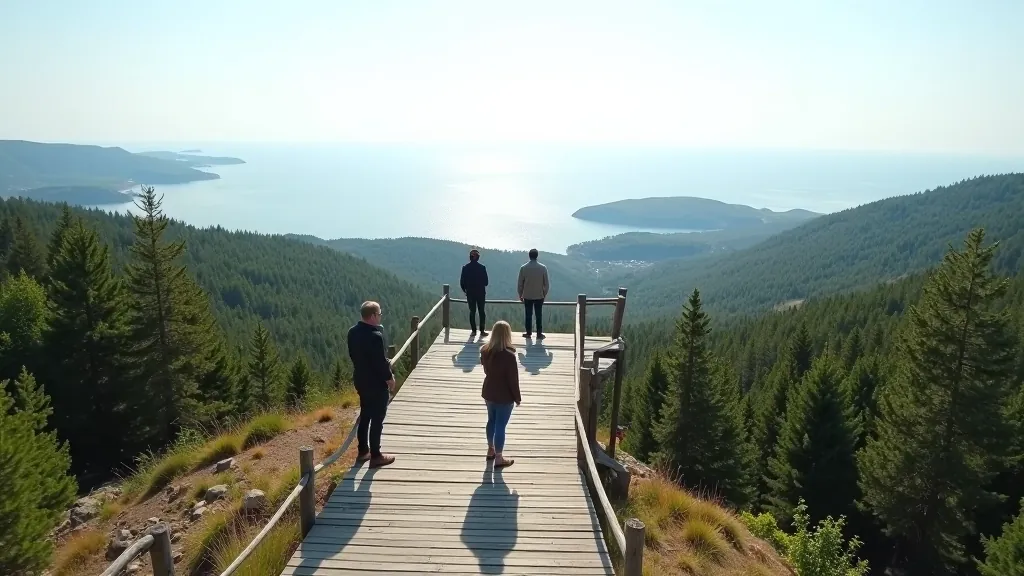 Žmonės stovi ant medžio platformos Avių kalno viršūnėje, aplinkui medžiai ir tolimas jūros horizonto linija